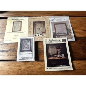 Vtg Lot 5 Sampler Cross Stitch Patterns Hearts Content, R & R Reproductions